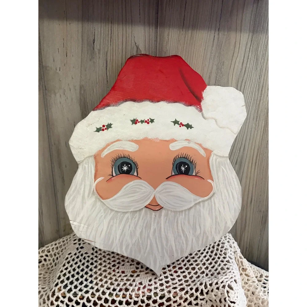 Vintage 1987 Hand Painted Wood Santa Claus Face Wall Hanging Folk Art Decor